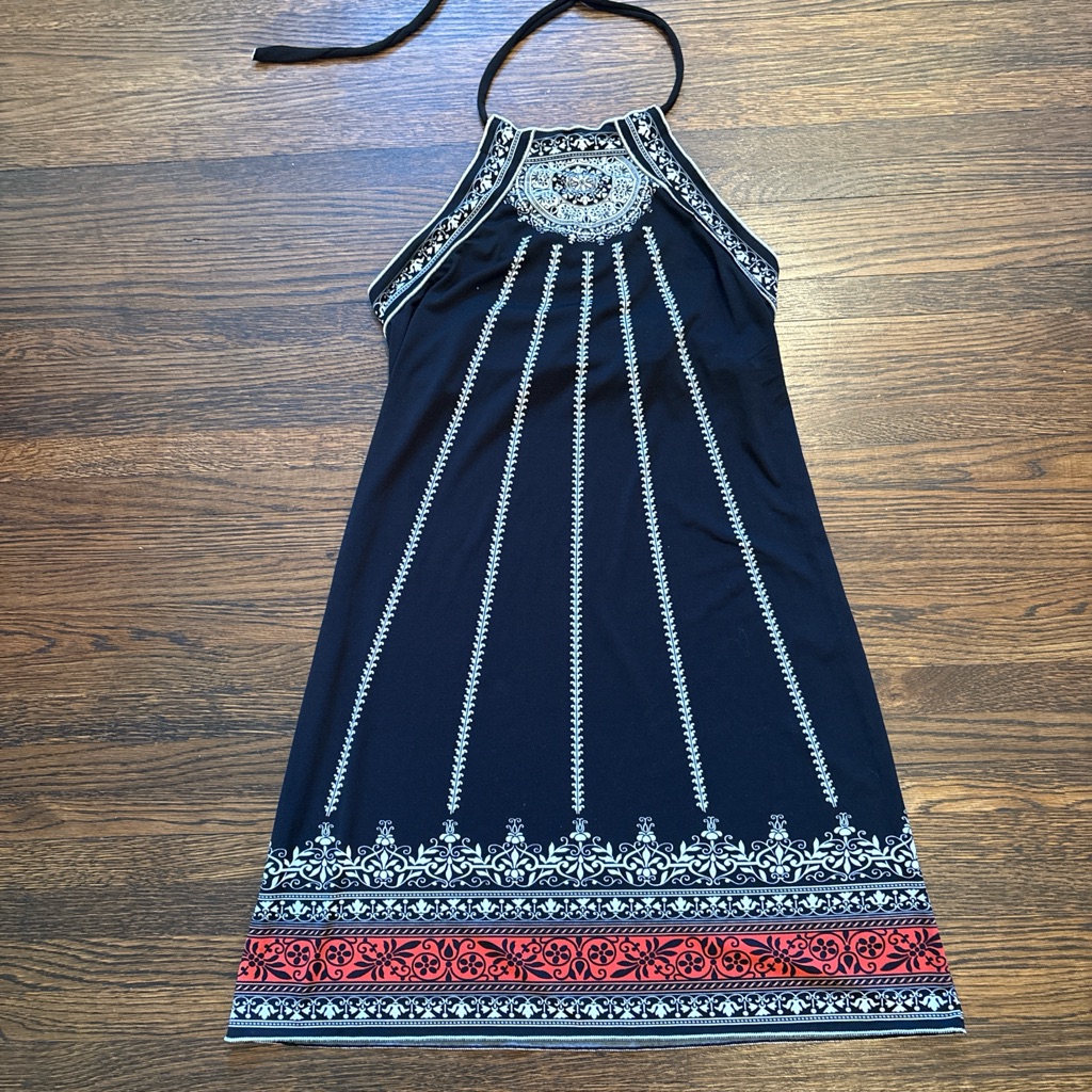 Max Edition Black Halter Mini Dress With White Embroidery Look And Red Border